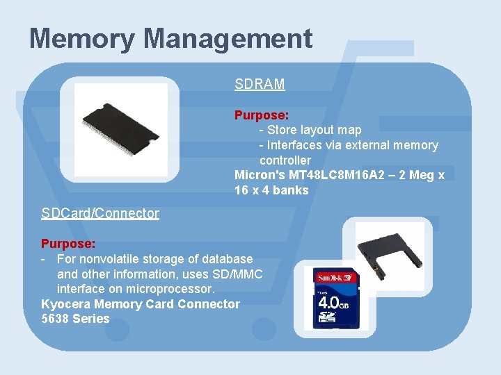 Memory Management SDRAM Purpose: - Store layout map - Interfaces via external memory controller