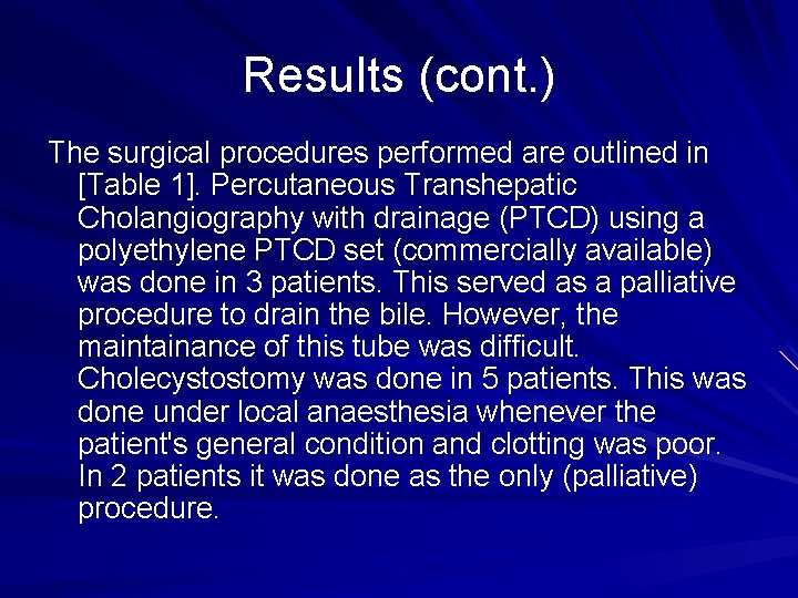 Results (cont. ) The surgical procedures performed are outlined in [Table 1]. Percutaneous Transhepatic