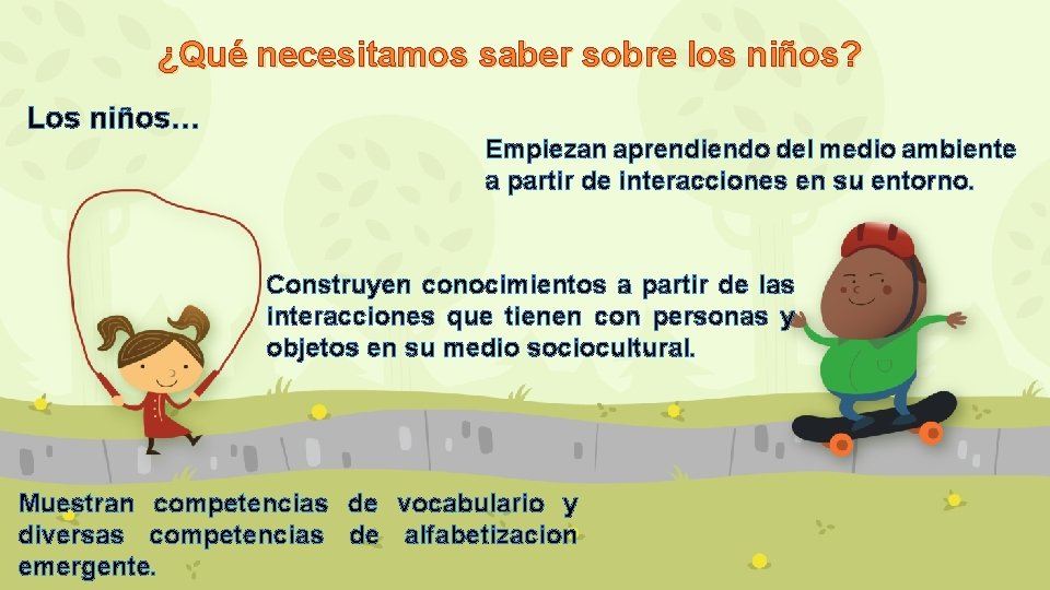 ¿Qué necesitamos saber sobre los niños? Los niños… Empiezan aprendiendo del medio ambiente a