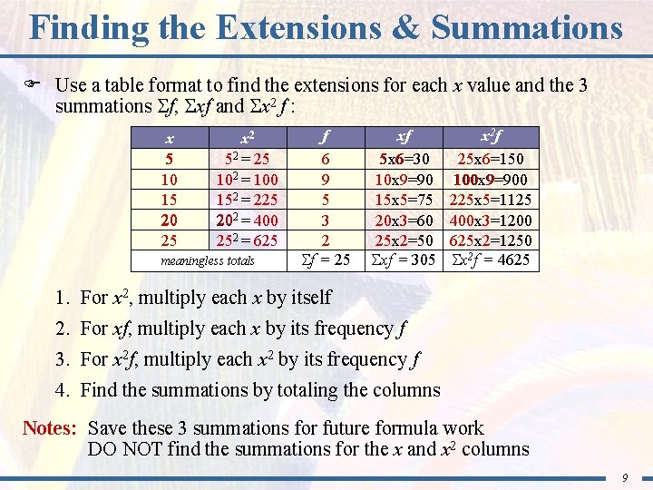 Finding the Extensions & Summations F Use a table format to find the extensions