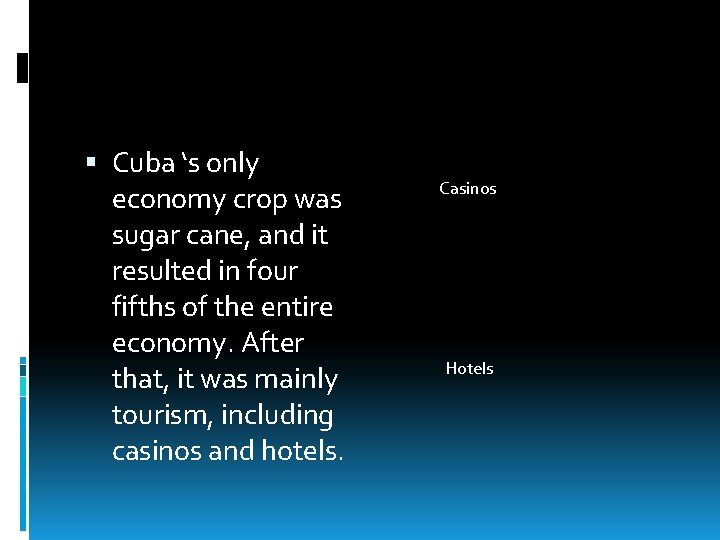  Cuba ‘s only economy crop was sugar cane, and it resulted in four