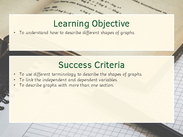 Learning Objective • To understand how to describe different shapes of graphs. Success Criteria