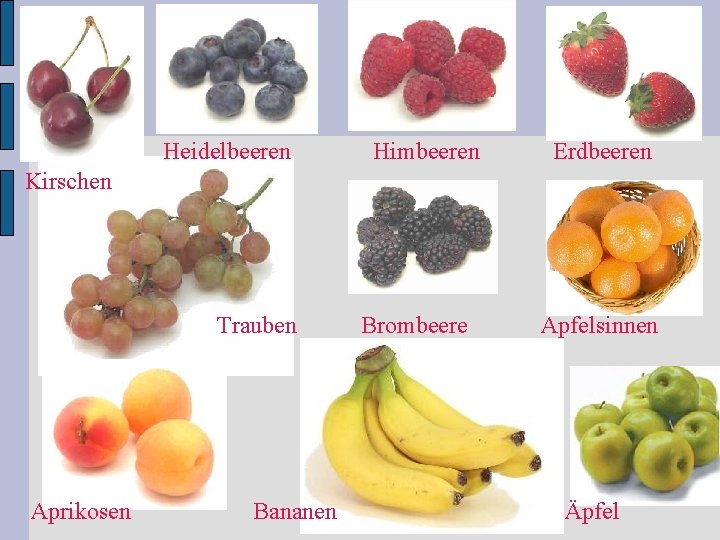 Heidelbeeren Himbeeren Erdbeeren Kirschen Trauben Aprikosen Bananen Brombeere Apfelsinnen Äpfel 