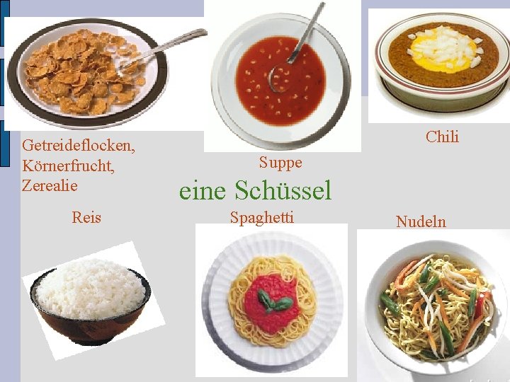 Getreideflocken, Körnerfrucht, Zerealie Reis Chili Suppe eine Schüssel Spaghetti Nudeln 