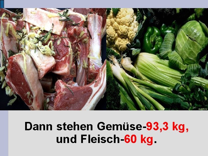 Dann stehen Gemüse-93, 3 kg, und Fleisch-60 kg. 