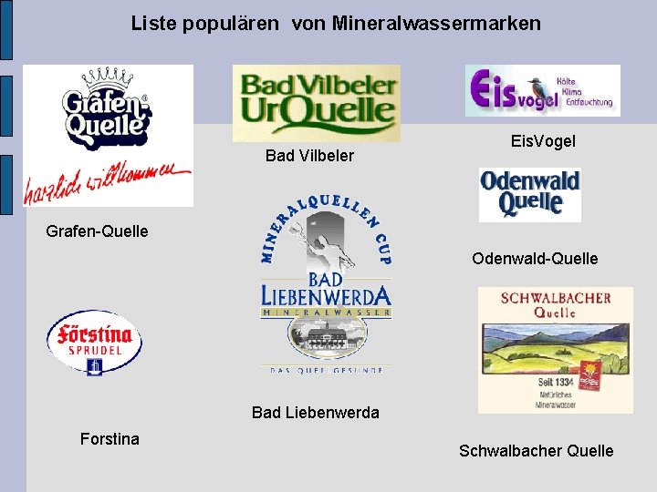 Liste populären von Mineralwassermarken Bad Vilbeler Eis. Vogel Grafen-Quelle Odenwald-Quelle Bad Liebenwerda Forstina Schwalbacher