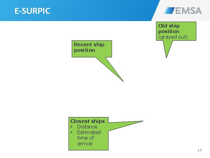 E-SURPIC Old ship position (grayed out) Recent ship position Closest ships • Distance •