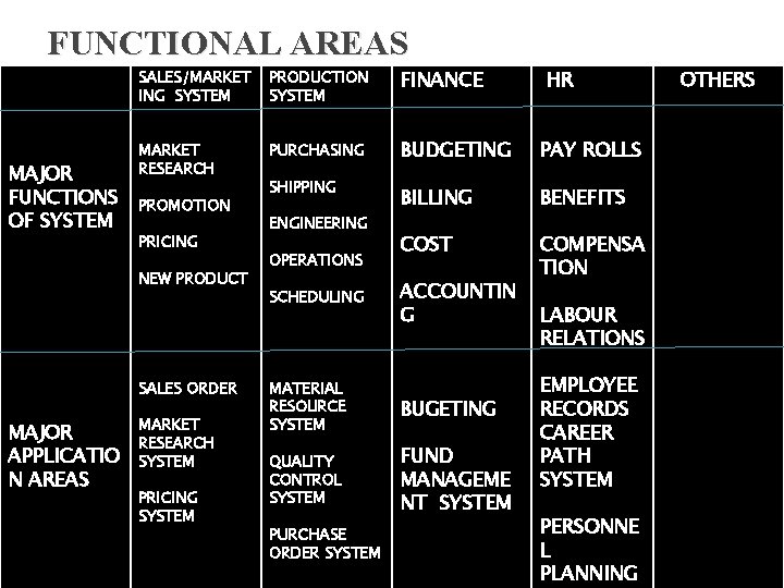 FUNCTIONAL AREAS MAJOR FUNCTIONS OF SYSTEM SALES/MARKET ING SYSTEM PRODUCTION SYSTEM FINANCE MARKET RESEARCH