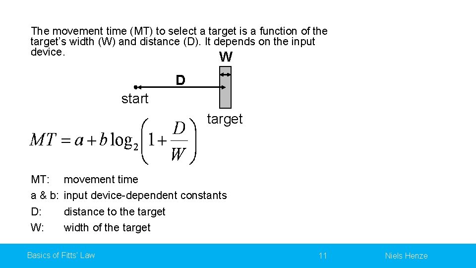 The movement time (MT) to select a target is a function of the target’s