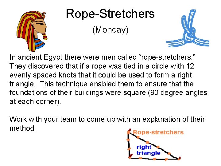 Rope-Stretchers (Monday) In ancient Egypt there were men called “rope-stretchers. ” They discovered that