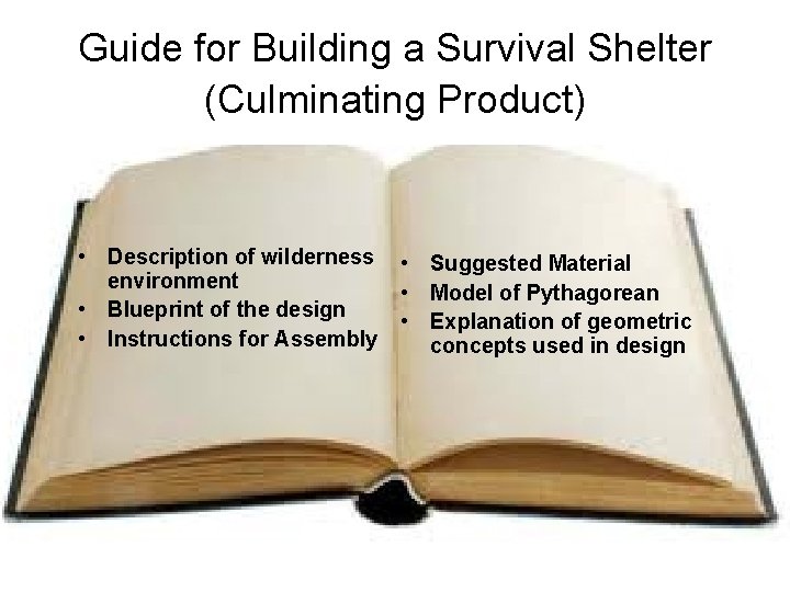 Guide for Building a Survival Shelter (Culminating Product) • Description of wilderness environment •