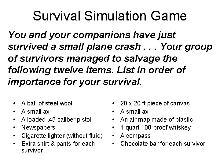 Survival Simulation Game You and your companions have just survived a small plane crash.
