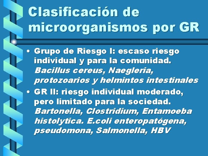 Clasificación de microorganismos por GR • Grupo de Riesgo I: escaso riesgo individual y