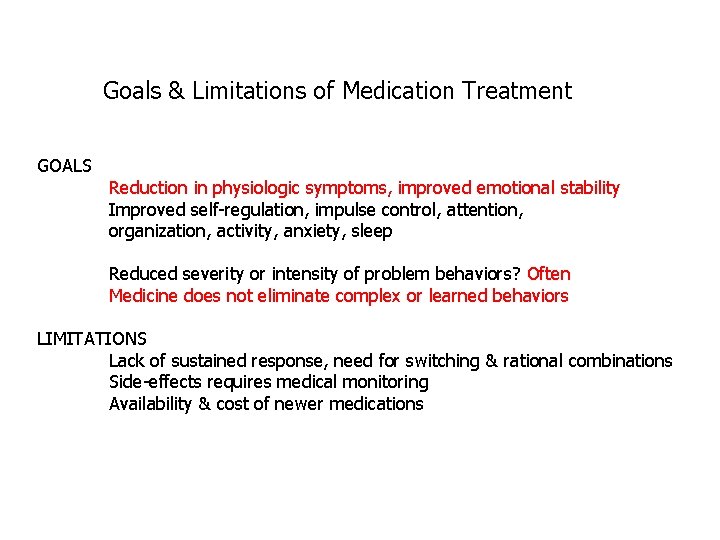 Goals & Limitations of Medication Treatment GOALS Reduction in physiologic symptoms, improved emotional stability