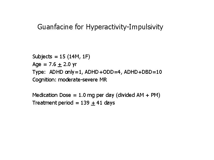 Guanfacine for Hyperactivity-Impulsivity Subjects = 15 (14 M, 1 F) Age = 7. 6