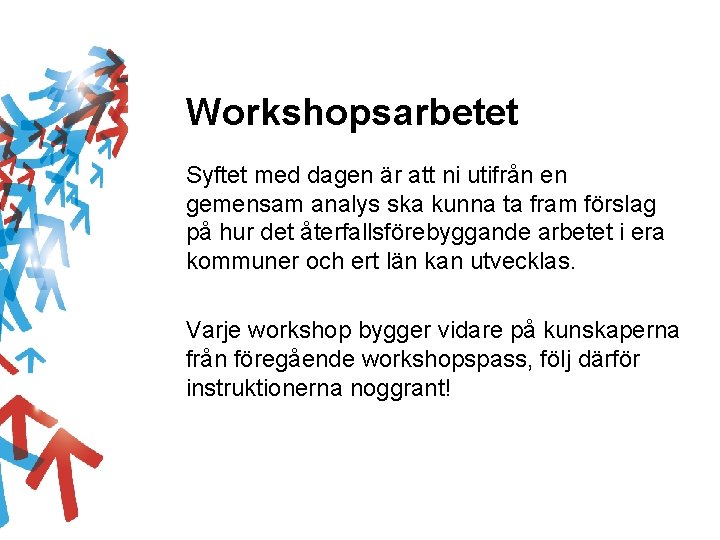 Workshopsarbetet Syftet med dagen är att ni utifrån en gemensam analys ska kunna ta