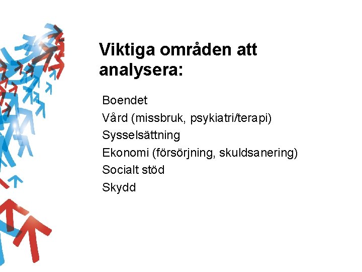 Viktiga områden att analysera: Boendet Vård (missbruk, psykiatri/terapi) Sysselsättning Ekonomi (försörjning, skuldsanering) Socialt stöd