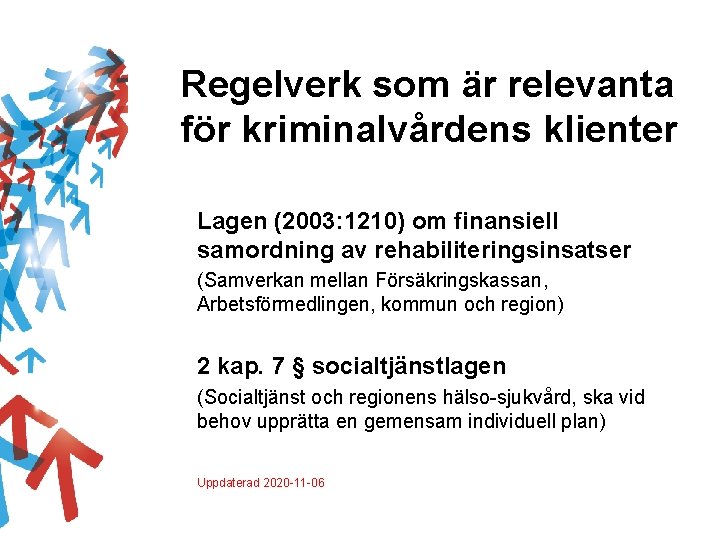 Regelverk som är relevanta för kriminalvårdens klienter Lagen (2003: 1210) om finansiell samordning av