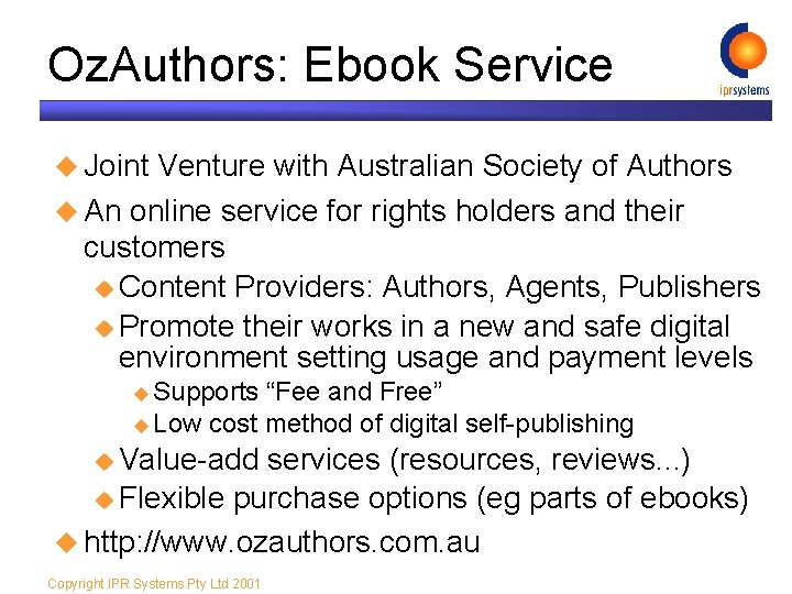 Oz. Authors: Ebook Service u Joint Venture with Australian Society of Authors u An