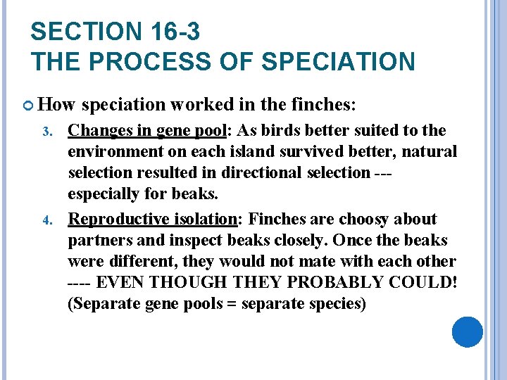 SECTION 16 -3 THE PROCESS OF SPECIATION How speciation worked in the finches: Changes
