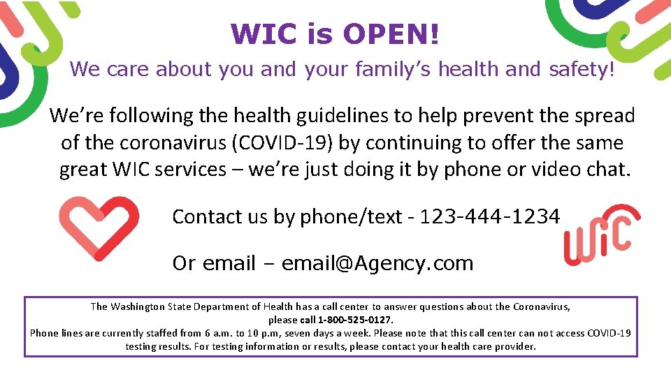 WIC is OPEN! We care about you and your family’s health and safety! We’re