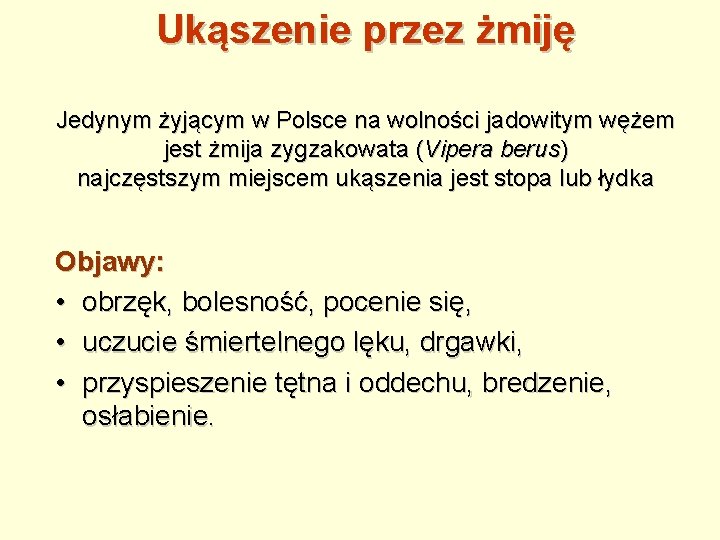 Ukąszenie przez żmiję Jedynym żyjącym w Polsce na wolności jadowitym wężem jest żmija zygzakowata