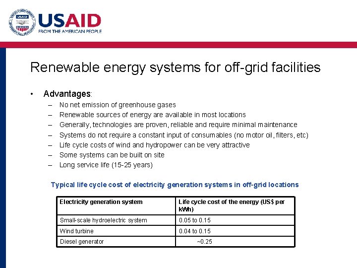 Renewable energy systems for off-grid facilities • Advantages: – – – – No net