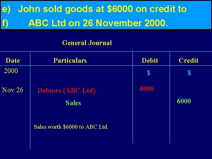 e) John sold goods at $6000 on credit to f) ABC Ltd on 26