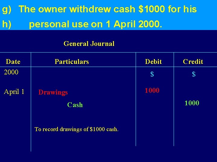 g) The owner withdrew cash $1000 for his h) personal use on 1 April