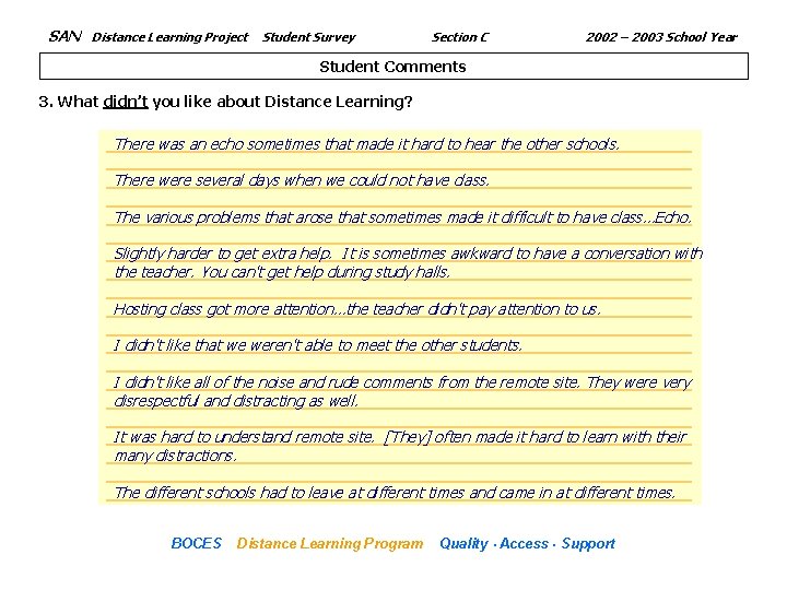 SAN Distance Learning Project Student Survey Section C 2002 – 2003 School Year Student