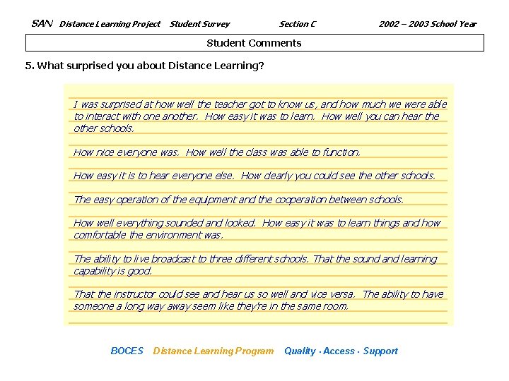 SAN Distance Learning Project Student Survey Section C 2002 – 2003 School Year Student