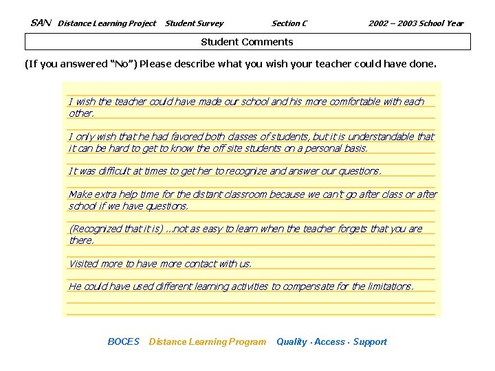 SAN Distance Learning Project Student Survey Section C 2002 – 2003 School Year Student
