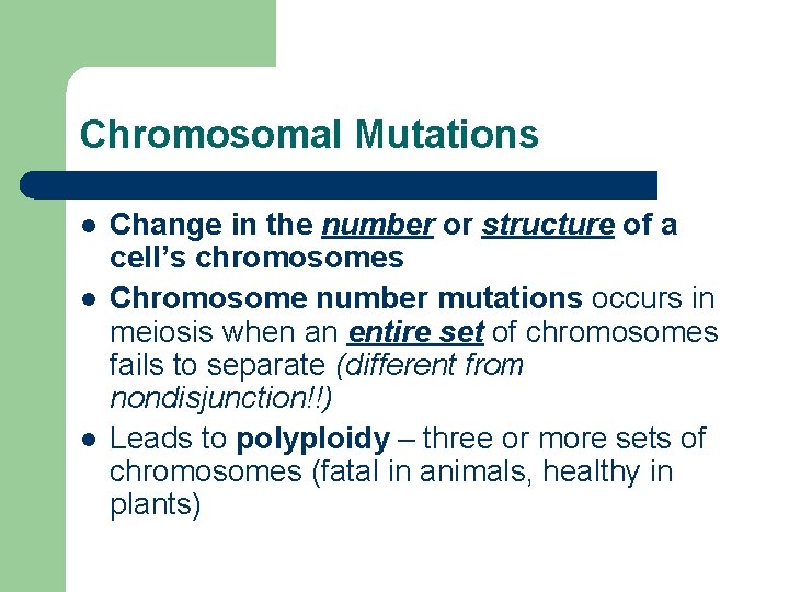 Chromosomal Mutations l l l Change in the number or structure of a cell’s