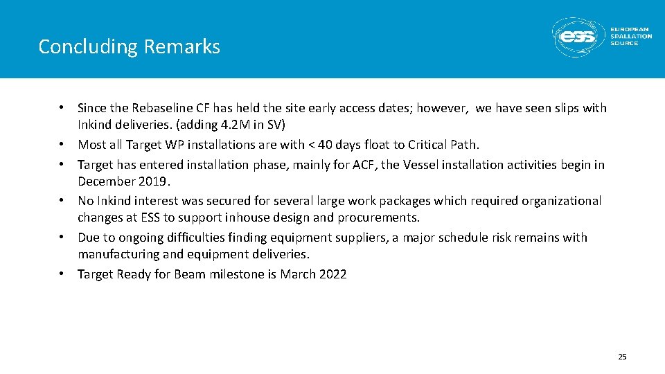Concluding Remarks • Since the Rebaseline CF has held the site early access dates;
