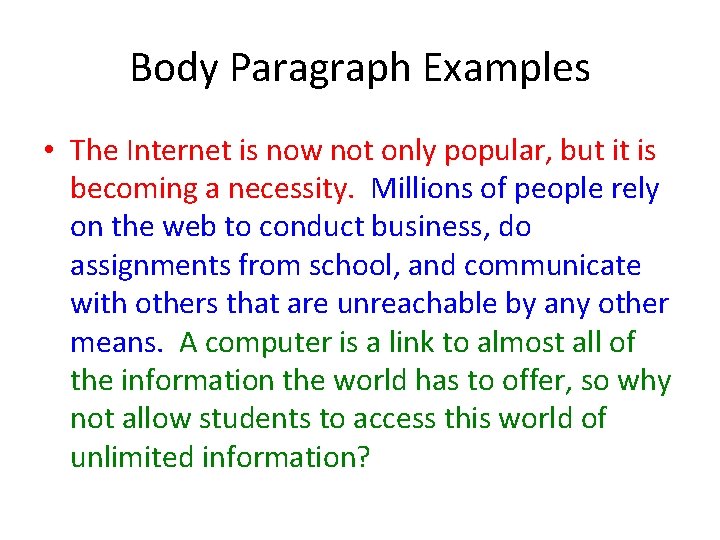 Body Paragraph Examples • The Internet is now not only popular, but it is