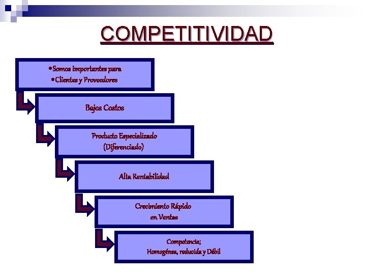 COMPETITIVIDAD Somos importantes para Clientes y Proveedores Bajos Costos Producto Especializado (Diferenciado) Alta Rentabilidad