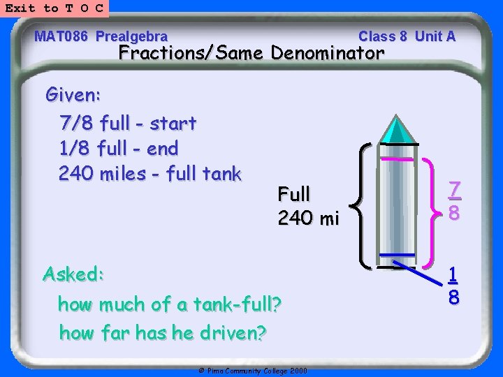 Exit to T O C MAT 086 Prealgebra Class 8 Unit A Fractions/Same Denominator