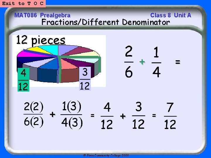 Exit to T O C MAT 086 Prealgebra Class 8 Unit A Fractions/Different Denominator