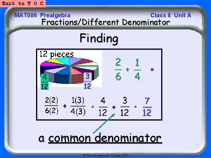 Exit to T O C MAT 086 Prealgebra Class 8 Unit A Fractions/Different Denominator