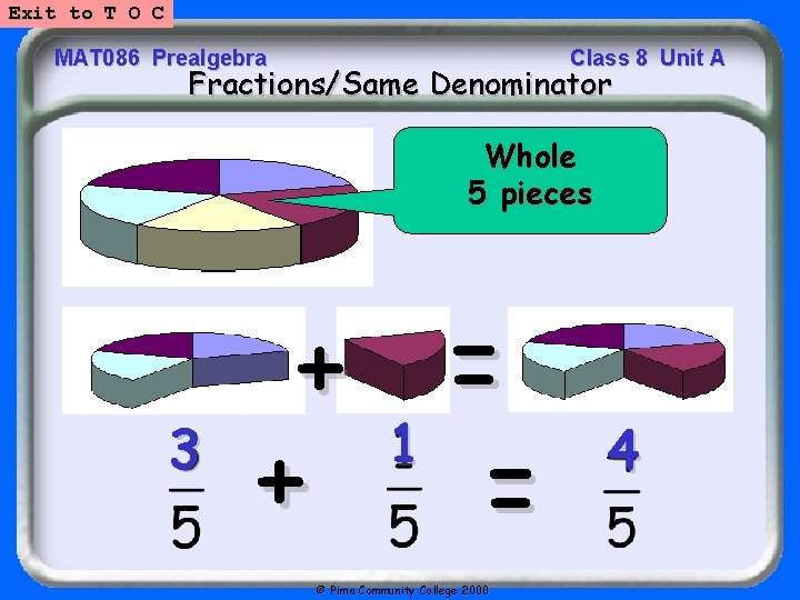 Exit to T O C MAT 086 Prealgebra Class 8 Unit A Fractions/Same Denominator