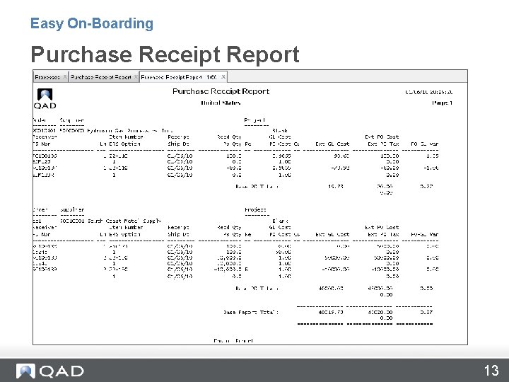 Easy On-Boarding Purchase Receipt Report 13 