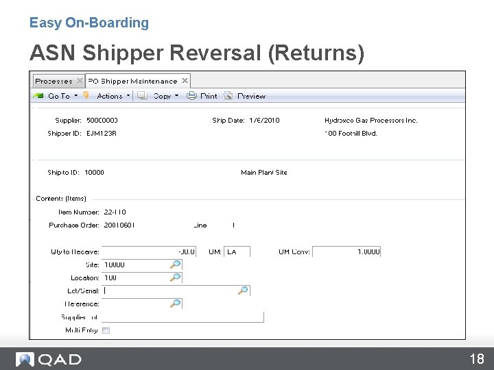 Easy On-Boarding ASN Shipper Reversal (Returns) 18 