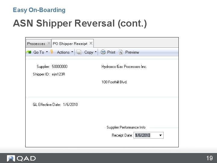 Easy On-Boarding ASN Shipper Reversal (cont. ) 19 
