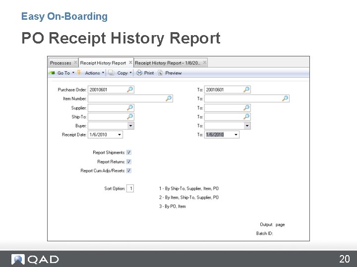 Easy On-Boarding PO Receipt History Report 20 