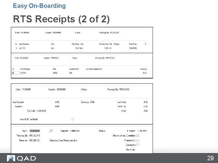Easy On-Boarding RTS Receipts (2 of 2) 29 