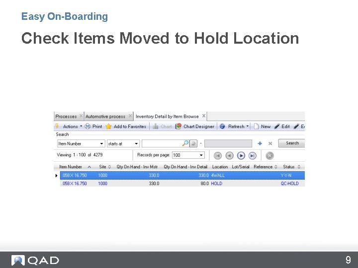 Easy On-Boarding Check Items Moved to Hold Location 9 