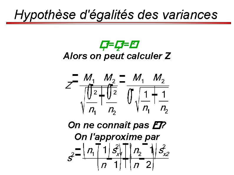 Hypothèse d'égalités des variances � ² 1²=� 2²=� Alors on peut calculer Z On