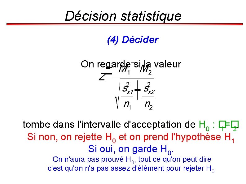 Décision statistique (4) Décider On regarde si la valeur tombe dans l'intervalle d'acceptation de
