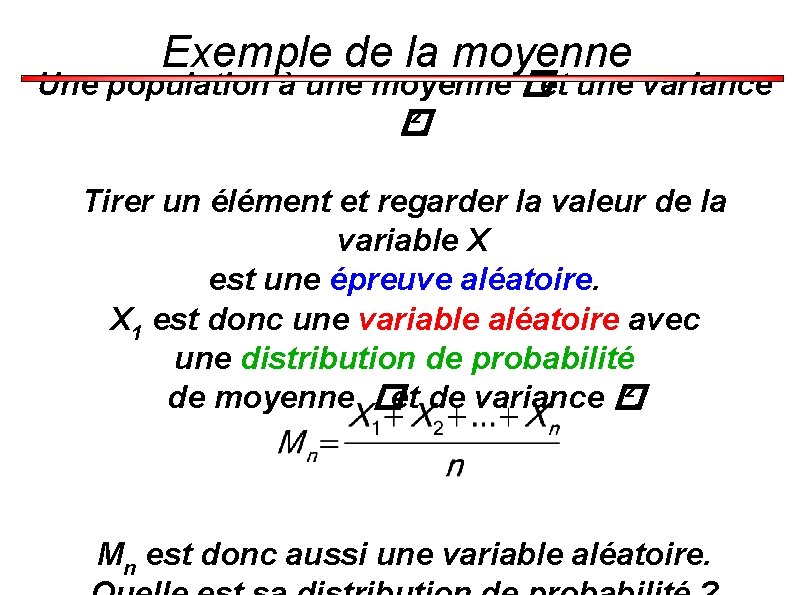 Exemple de la moyenne Une population à une moyenne �et une variance � ².