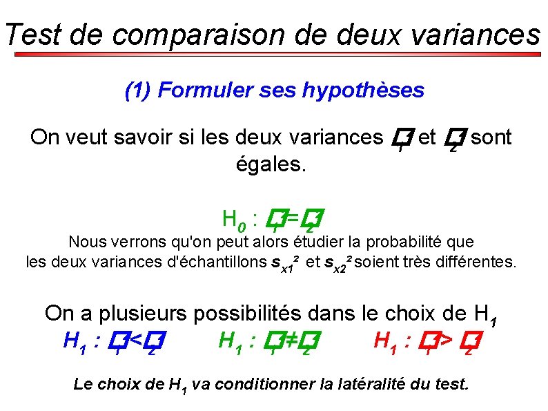 Test de comparaison de deux variances (1) Formuler ses hypothèses On veut savoir si